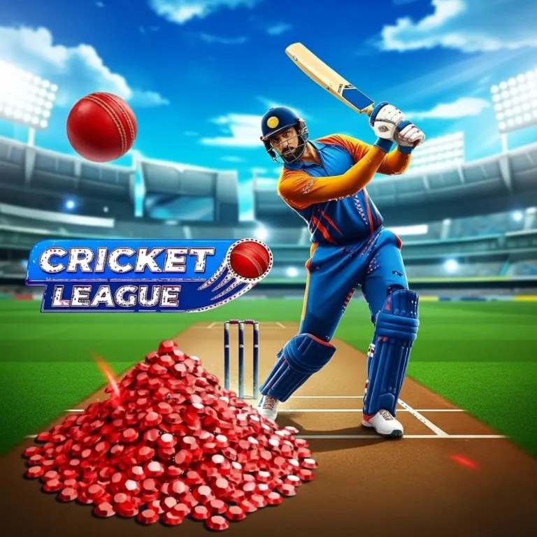 Batsman in blue and orange jersey near a pile of gems.