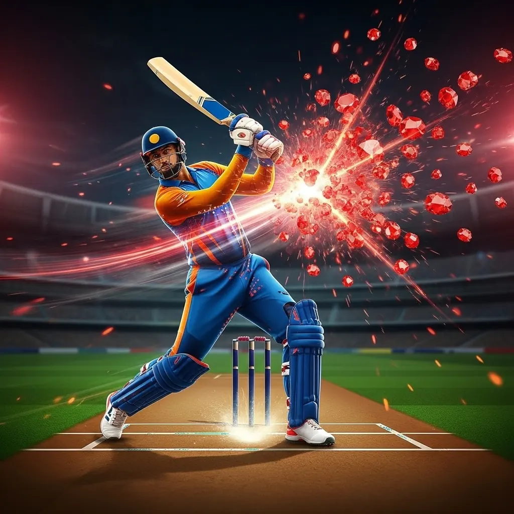 Batsman hitting a ball that explodes into red gems.
